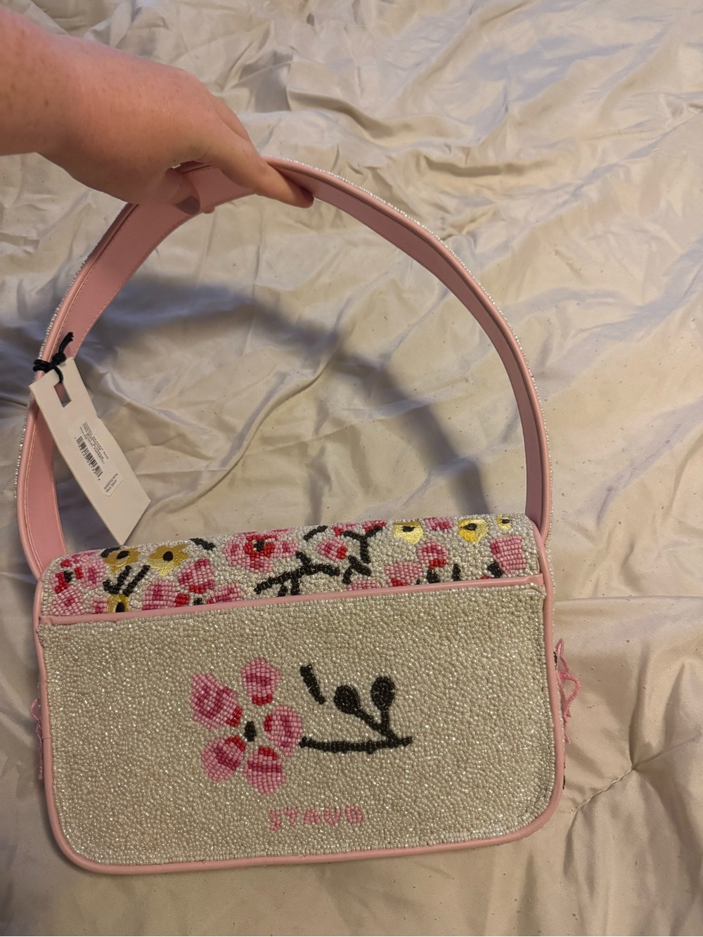 STAUD Pink blossom Beaded Floral Shoulder Bag NWT - Picture 3 of 7